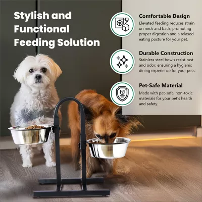 Iconic Pet U-Design Adjustable Elevated Stainless Steel Pet Double Diner For Dogs, 8 Cups, 2-Bowls 2 Iconic Pet U-Design Adjustable Elevated Stainless Steel Pet Double Diner For Dogs, 8 Cups, 2-Bowls - Image 2