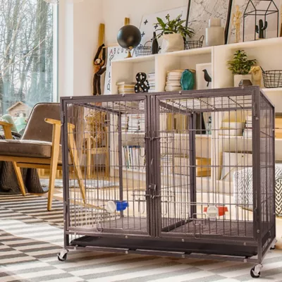 Go Pet Club Heavy-Duty 2-Door Metal Stackable Cat/Dog Crate With Divider And Water Bowls, 44.25 In. 6 Go Pet Club Heavy-Duty 2-Door Metal Stackable Cat/Dog Crate With Divider And Water Bowls, 44.25 In. - Image 6