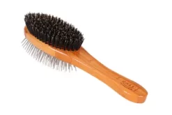 Bass Dual-Sided Pet Brush, 100% Premium Natural Bristle, Alloy Pin, Pure Bamboo Handle, Oak Wood Finish, A22 - DB -Pet Supply Store 1350530 A3