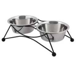 Petmate Elevated Stainless Steel Twin Wire Pet Diner With Bowl, 6.6 Cups, Medium, 2-Bowls -Pet Supply Store 1458013 A2