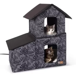 K&H Pet Products Two-Story Outdoor Heated Kitty House With Dining Room, Gray